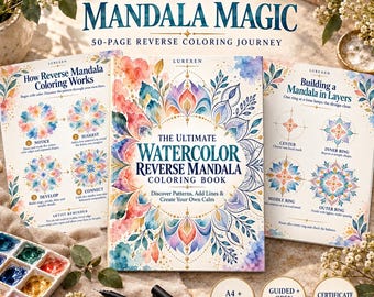 Watercolor Reverse Mandala Coloring Book, 50-Page Printable Creative Workbook for Adults, A4 & US Letter