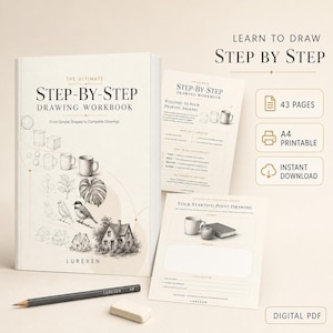 May include: A drawing workbook titled The Ultimate Step-By-Step Drawing Workbook by Lurexen, featuring illustrations of shapes, mugs, leaves, birds, and houses. Includes two additional instructional pages, a graphite pencil, and an eraser.