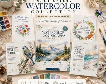 自然をテーマにした水彩画セット、印刷可能な水彩画ワークブック5冊（花、風景、鳥、海の絵）、PDFデジタルダウンロード