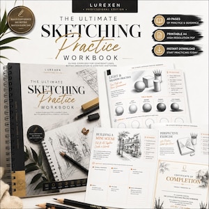 Può includere: Il quaderno di esercizi di disegno The Ultimate Sketching Practice Workbook di Lurexen, una guida a spirale con esercizi guidati, lezioni su luci e ombre, prospettiva e un certificato di completamento, presentato con matite e gomme.
