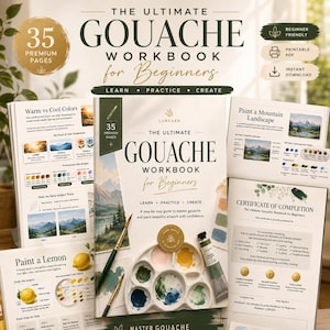 May include: The Ultimate Gouache Workbook for Beginners by Lurexen, a 35-page instructional guide featuring step-by-step painting lessons, color theory, and practice exercises, displayed with a paint palette, brushes, and a certificate of completion.