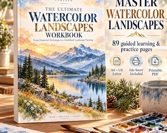 Watercolor Landscape Workbook, Printable Painting Course, Beginner Watercolor Lessons, A4 and US Letter PDF