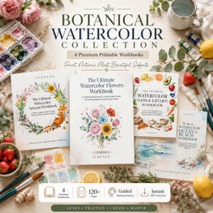 Puede incluir: Una colección de cuatro libros de ejercicios de acuarela botánica Lurexen titulados Seasons, Flowers, Food & Kitchen y Ocean & Beach. El set incluye una paleta de acuarelas, pinceles, limones y fresas sobre una superficie clara.