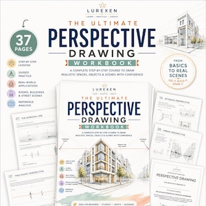 Puede incluir: El cuaderno de ejercicios Lurexen Ultimate Perspective Drawing Workbook de 37 páginas incluye lecciones paso a paso, práctica guiada y aplicaciones reales para dibujar habitaciones, edificios y escenas callejeras con perspectiva.