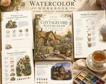 Cottagecore Watercolor Workbook, Cottage and Garden Painting Lessons, Beginner Printable PDF