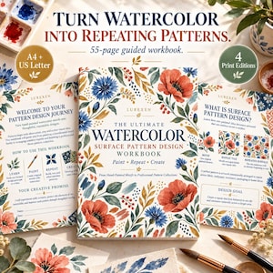 Könnte beinhalten: Ein 55-seitiges Arbeitsbuch mit dem Titel The Ultimate Watercolor Surface Pattern Design, das ein florales Cover mit roten Mohnblumen und blauen Kornblumen zeigt. Das Arbeitsbuch enthält Anleitungen zum Erstellen von Mustern, Pinsel und Aquarellzubehör.