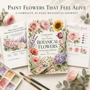 May include: A 45-page watercolor workbook titled The Ultimate Botanical Flowers, featuring floral illustrations of roses, sunflowers, and hydrangeas. The set includes two open workbook pages, a paint palette, and two brushes on a light surface.