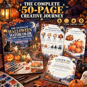 Può includere: Il set The Ultimate Halloween Watercolor Reverse Coloring Book include un libro di 50 pagine, pagine di istruzioni, un certificato di completamento e acquerelli. La copertina mostra un gatto nero, zucche e una casa.