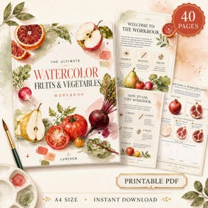 May include: A watercolor workbook titled The Ultimate Watercolor Fruits & Vegetables with illustrations of sliced citrus, apples, pears, tomatoes, and beets. The set includes 40 pages of instructional content, painting guides, and practice sheets in A4 size.