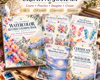 Watercolor Reverse Coloring Book for Adults, Nature Florals & Dreamy Landscapes, Printable Creative Drawing Workbook