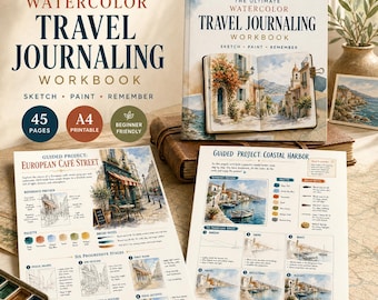 Watercolor Travel Journaling Workbook, Urban Sketching Lessons (A4 PDF)