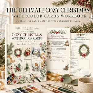Cuaderno de trabajo para tarjetas navideñas acogedoras en acuarela, PDF imprimible de 45 páginas, lecciones de pintura navideña y seis proyectos de tarjetas guiados.