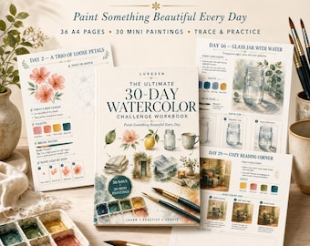 30-Day Watercolor Challenge Workbook, Beginner Painting Lessons, Traceable Outlines (PDF)