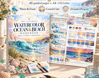 Watercolor Ocean Workbook, Beach Painting Lessons, Waves and Seascapes Practice, Printable Art Course PDF