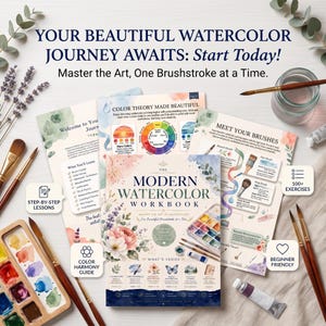 Puede incluir: Un libro de ejercicios de acuarela titulado The Modern Watercolor Workbook rodeado de pinceles, una paleta de madera con pinturas coloridas, un vaso de agua y páginas instructivas sobre teoría del color y tipos de pinceles.