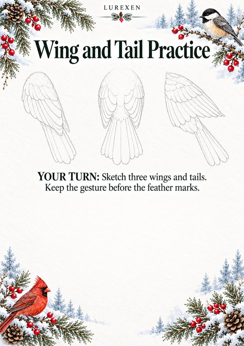 May include: A drawing practice sheet titled Wing and Tail Practice with three line art sketches of bird wings and tails. The page features winter-themed illustrations of pine branches, red berries, pinecones, a chickadee, and a cardinal.