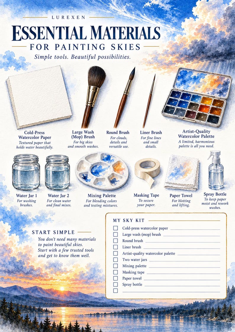 Op de afbeelding: Een instructiegids getiteld LUREXEN ESSENTIAL MATERIALS FOR PAINTING SKIES met illustraties van aquarelpapier, een mopkwast, ronde kwast, linerkwast, aquarelpalet, twee waterpotten, mengpalet, afplaktape, papieren handdoek en een spuitfles met een checklist.
