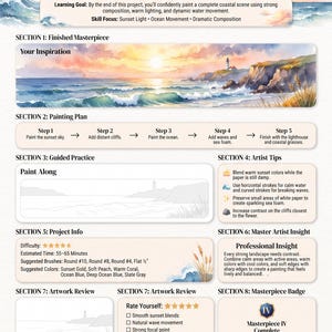 Op de afbeelding: Een instructieve schildergids getiteld Lurexen Masterpiece Project 4 Coastal Sunset Escape. Het bevat een aquarellandschap van een vuurtoren bij zonsondergang, stapsgewijze instructies, tips voor kunstenaars, projectinfo en een badge.