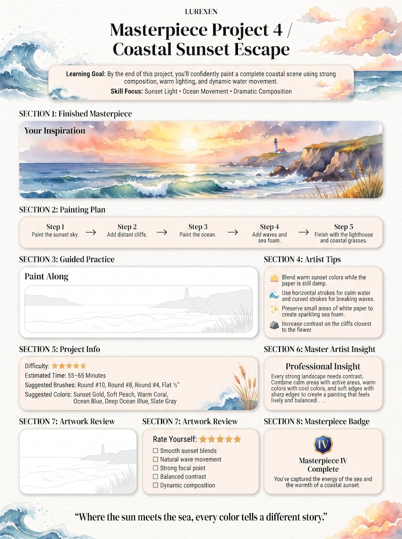 Op de afbeelding: Een instructieve schildergids getiteld Lurexen Masterpiece Project 4 Coastal Sunset Escape. Het bevat een aquarellandschap van een vuurtoren bij zonsondergang, stapsgewijze instructies, tips voor kunstenaars, projectinfo en een badge.
