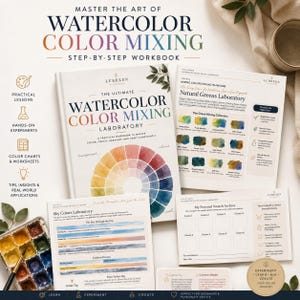 May include: A watercolour colour mixing workbook titled The Ultimate Watercolour Colour Mixing Laboratory, featuring a colour wheel, instructional pages on natural greens and sky colours, a personal swatch archive, and a small watercolour paint palette.