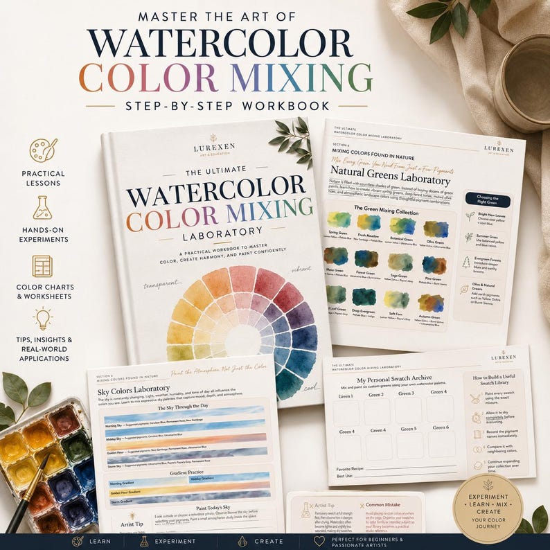May include: A watercolour colour mixing workbook titled The Ultimate Watercolour Colour Mixing Laboratory, featuring a colour wheel, instructional pages on natural greens and sky colours, a personal swatch archive, and a small watercolour paint palette.