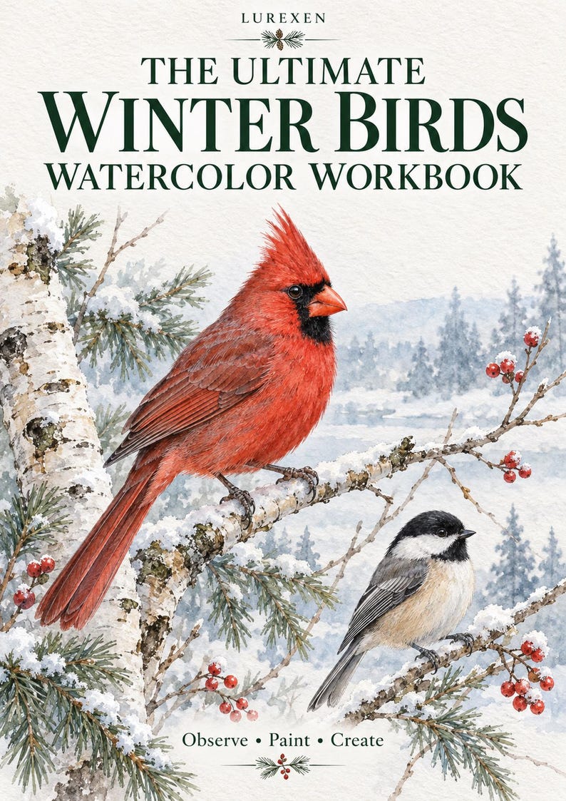 May include: A watercolor workbook titled THE ULTIMATE WINTER BIRDS WATERCOLOR WORKBOOK by LUREXEN. The cover features a bright red cardinal and a black-capped chickadee perched on snow-covered branches with red berries. Text reads Observe &bull; Paint &bull; Create.