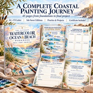 May include: A watercolour painting workbook titled The Ultimate Watercolour Ocean & Beach Workbook, featuring 45 pages, A4 and US Letter formats, ink-saver editions, practice projects, and a certificate of completion, displayed with paintbrushes.