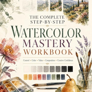 Puede incluir: El libro The Complete Step-By-Step Watercolor Mastery Workbook de Lurexen presenta una portada con un tutorial de paisaje, una paleta de colores, un set de acuarelas, pinceles en un frasco de vidrio y una ilustración de pera.