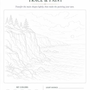 May include: A white paper tracing and painting guide titled LUREXEN COASTAL CLIFFS & OCEAN LIGHT &ndash; TRACE & PAINT. It features a line drawing of a coastal landscape with cliffs, trees, and ocean waves, plus sections for color swatches and notes.