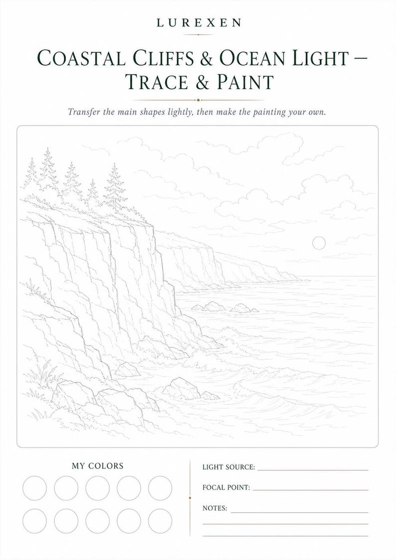 May include: A white paper tracing and painting guide titled LUREXEN COASTAL CLIFFS & OCEAN LIGHT &ndash; TRACE & PAINT. It features a line drawing of a coastal landscape with cliffs, trees, and ocean waves, plus sections for color swatches and notes.