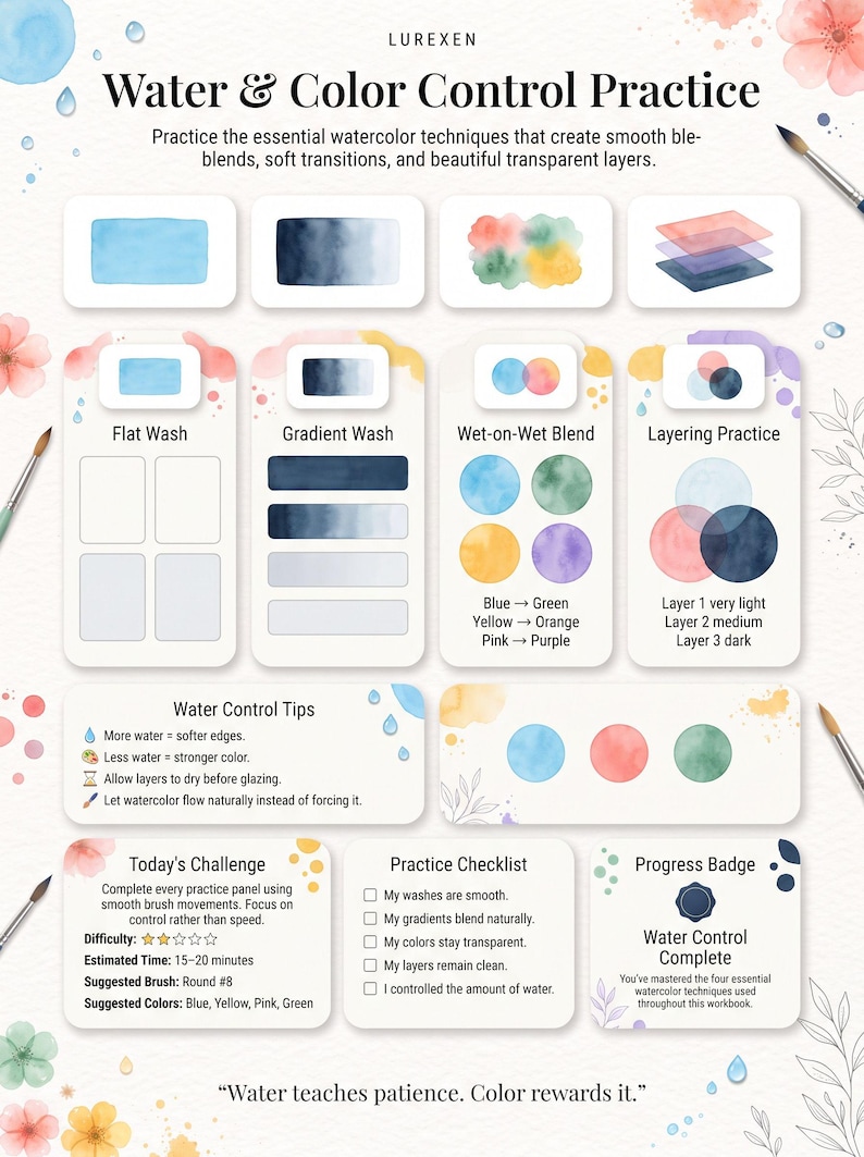 以下が含まれることがあります： LUREXENによる水彩練習シート「Water & Color Control Practice」。フラットウォッシュ、グラデーションウォッシュ、ウェット・オン・ウェット、レイヤリングの練習セクションに加え、水彩のヒント、チャレンジ、チェックリストが記載されています。