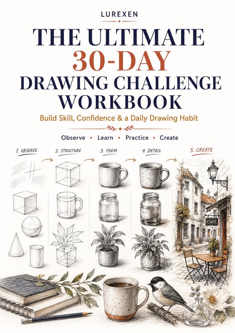Puede incluir: Un libro de ejercicios titulado LUREXEN THE ULTIMATE 30-DAY DRAWING CHALLENGE WORKBOOK. La portada presenta bocetos instructivos de formas geom&eacute;tricas, tazas, frascos y plantas, junto a una ilustraci&oacute;n detallada de una calle con caf&eacute;.