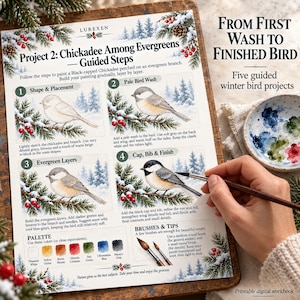 May include: A Lurexen instructional art sheet titled Project 2: Chickadee Among Evergreens with four numbered watercolor painting steps, a color palette, and brush tips. The page features illustrations of a bird on a pine branch with red berries.