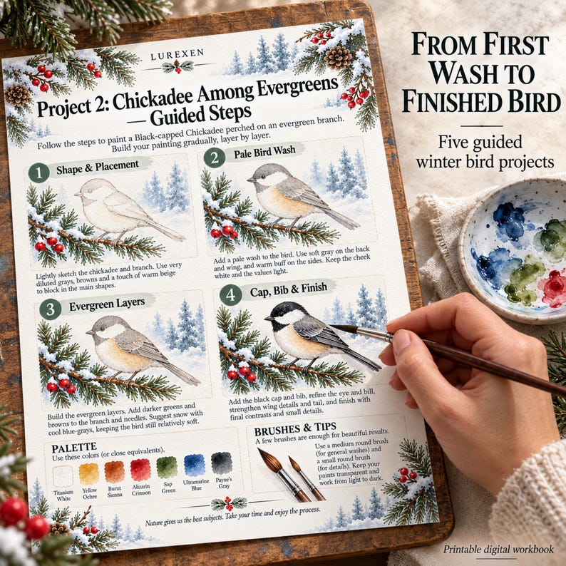 May include: A Lurexen instructional art sheet titled Project 2: Chickadee Among Evergreens with four numbered watercolor painting steps, a color palette, and brush tips. The page features illustrations of a bird on a pine branch with red berries.