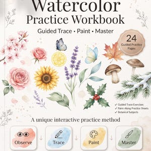 以下が含まれることがあります： The Ultimate Watercolor Practice Workbookというタイトルの水彩練習帳。サブタイトルはGuided Trace Paint Master。表紙には花、蝶、キノコ、葉のイラストが描かれており、24ページのガイド付き練習ページが含まれています。