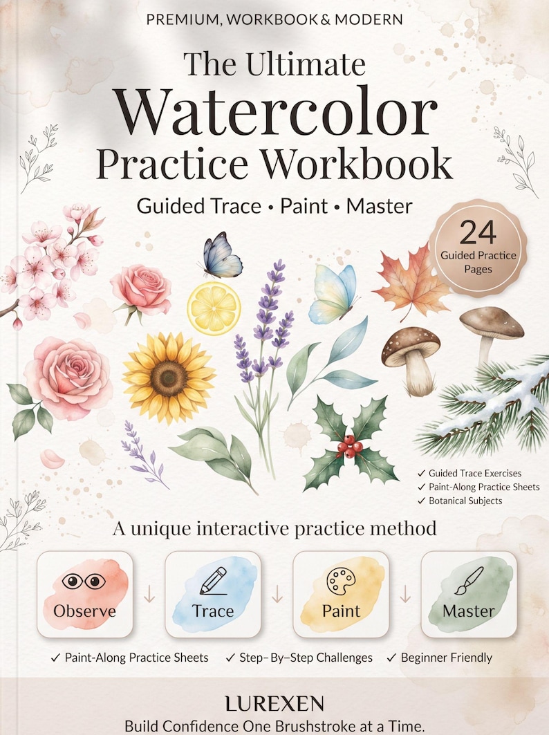 以下が含まれることがあります： The Ultimate Watercolor Practice Workbookというタイトルの水彩練習帳。サブタイトルはGuided Trace Paint Master。表紙には花、蝶、キノコ、葉のイラストが描かれており、24ページのガイド付き練習ページが含まれています。