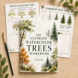 Könnte beinhalten: Ein Aquarell-Arbeitsbuch mit dem Titel The Ultimate Watercolor Trees Workbook von Lurexen, das Illustrationen verschiedener Bäume zeigt. Zwei Anleitungsblätter mit den Titeln Spring Blossom Tree und Evergreen Pine Tree sowie ein Pinsel sind zu sehen.