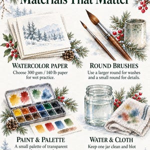 May include: An instructional watercolor painting guide titled Materials That Matter, featuring illustrations of watercolor paper, two round brushes, a metal paint palette, a glass water jar, and a cloth, all decorated with pine branches and red berries.