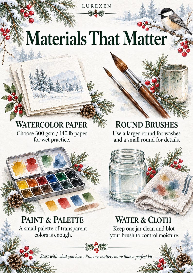 May include: An instructional watercolor painting guide titled Materials That Matter, featuring illustrations of watercolor paper, two round brushes, a metal paint palette, a glass water jar, and a cloth, all decorated with pine branches and red berries.
