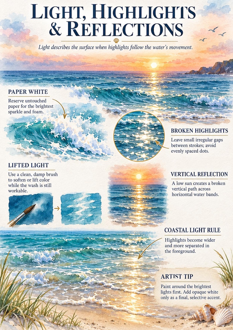 May include: An instructional watercolour painting guide titled Light, Highlights & Reflections. It features ocean scenes at sunset with text explaining techniques like Paper White, Broken Highlights, Lifted Light, Vertical Reflection, and Coastal Light Rule.