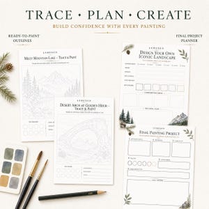 May include: A set of Lurexen painting planning sheets including trace and paint outlines for Misty Mountain Lake and Desert Arch, a design planner, and a final project planner, accompanied by two paintbrushes and a small watercolor palette.