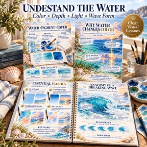 May include: An instructional watercolour painting guide titled Understand the Water, featuring detailed diagrams on colour, depth, light, and wave form. The open spiral-bound book displays techniques like flat, graded, and variegated washes with illustrations.