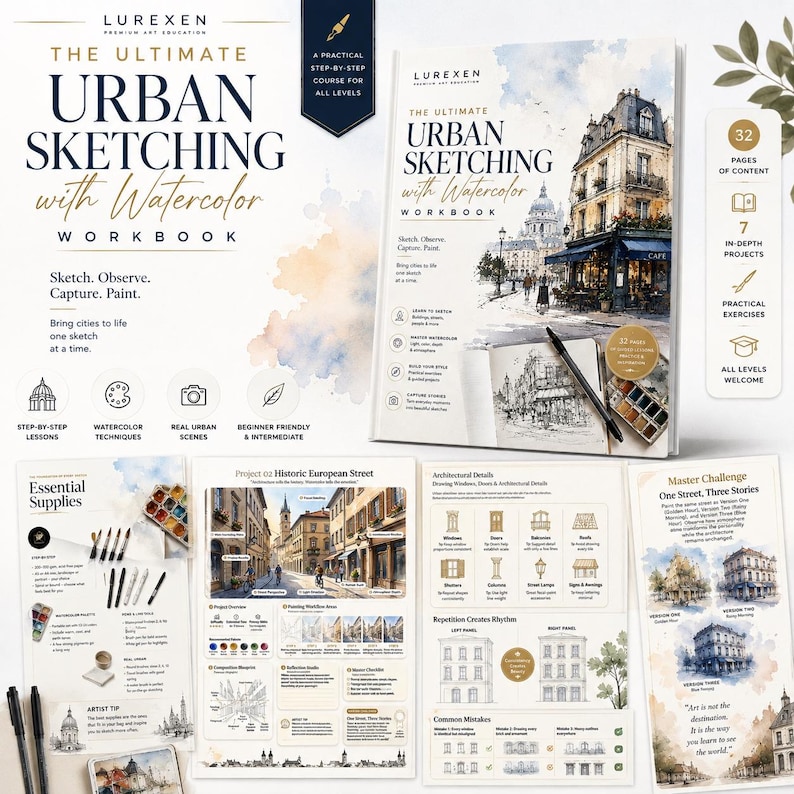 May include: The Ultimate Urban Sketching with Watercolor workbook by Lurexen features a cover with a European street scene illustration, a black pen, and a watercolor palette. The instructional guide includes 32 pages of content, 7 in-depth projects, and practical exercises for all skill levels, detailing architectural drawing techniques.