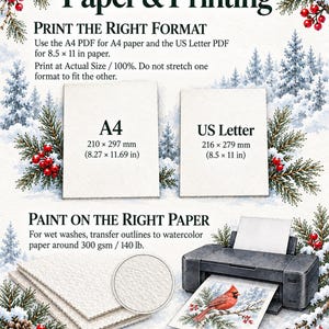May include: An instructional guide titled Paper & Printing featuring winter illustrations of pine branches, red berries, and a bird. It displays A4 and US Letter paper sizes, a printer, and watercolor paper, with text detailing printing instructions.