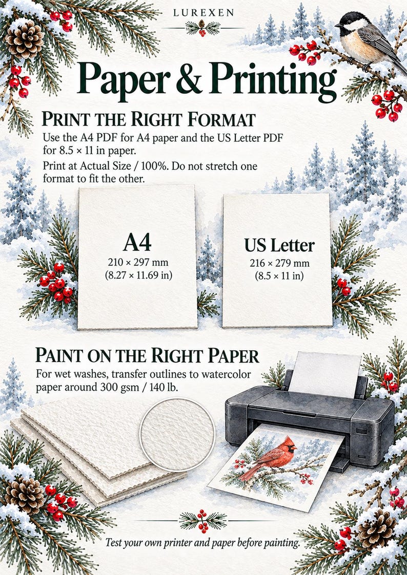 May include: An instructional guide titled Paper & Printing featuring winter illustrations of pine branches, red berries, and a bird. It displays A4 and US Letter paper sizes, a printer, and watercolor paper, with text detailing printing instructions.