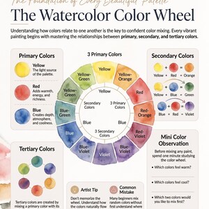 May include: An educational watercolour colour wheel chart by Lurexen Art & Education. The document features a central circular colour wheel, sections for primary, secondary, and tertiary colours, mixing formulas, an artist tip, and a mini colour observation section.