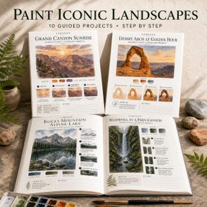 May include: A Lurexen instructional art book titled Paint Iconic Landscapes with 10 guided projects. The pages display step-by-step painting tutorials for Grand Canyon Sunrise, Desert Arch at Golden Hour, Rocky Mountain Alpine Lake, and Waterfall in a Fern Canyon, including color palettes and artist tips.