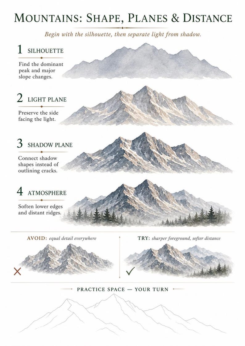 May include: An instructional art guide titled Mountains: Shape, Planes & Distance. It features four watercolor mountain illustrations demonstrating steps: silhouette, light plane, shadow plane, and atmosphere. Includes comparison examples and a practice space.