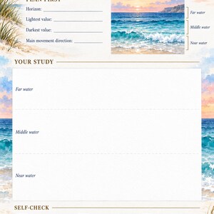 May include: A Water-Depth Practice art worksheet featuring a watercolour ocean scene with sections for planning, study, and self-check. The page includes text prompts, a reference image of a sunset seascape, and checkboxes for evaluating artistic techniques.