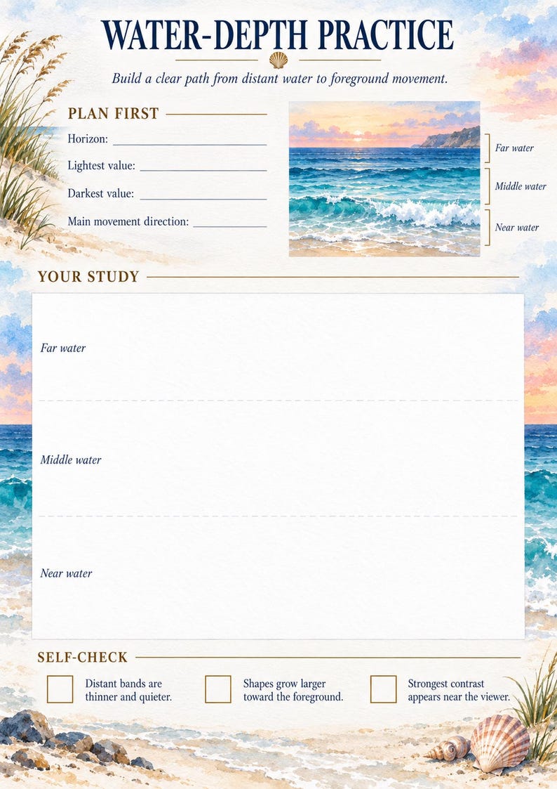 May include: A Water-Depth Practice art worksheet featuring a watercolour ocean scene with sections for planning, study, and self-check. The page includes text prompts, a reference image of a sunset seascape, and checkboxes for evaluating artistic techniques.